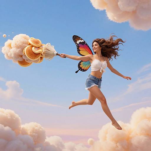 Digital art of a fairy with colorful wings, white crop top, and denim shorts, flying against a blue sky with clouds, using a magic wand to