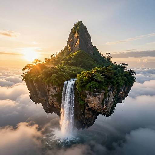 Photorealistic CGI of a floating island with a tall, rocky peak, lush greenery, and a cascading waterfall, set against a sunset sky