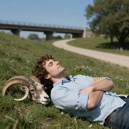Serene Man on Grassy Slope with Ram