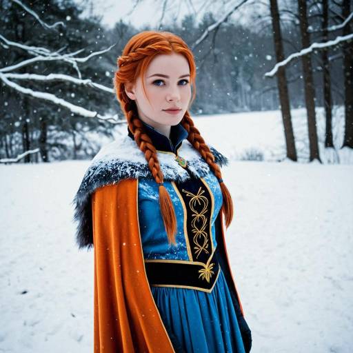 Woman in Anna Frozen Costume in Snowy Forest