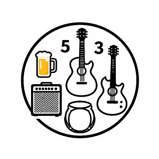 Black and white digital drawing of a circular logo with simplified guitar, amplifier, beer mug, and speaker within. Bold outlines.