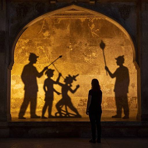Photograph of a silhouetted woman standing before an illuminated, textured archway casting the shadows of five people in cowboy hats holding weapons. Warm