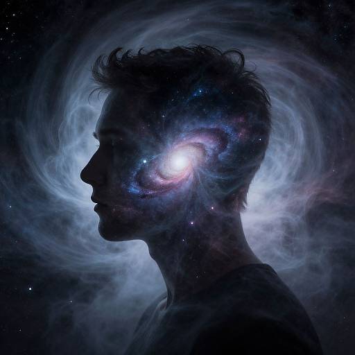Silhouetted human head with glowing galaxy in the brain, set against a cosmic background of swirling stars and nebulae. Digital artwork.