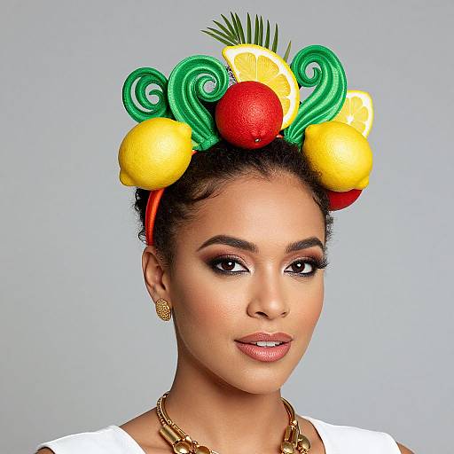 Photograph of a smiling woman with dark skin and high bun adorned with colorful, swirled green candies, red and yellow fruit, and lemon slices