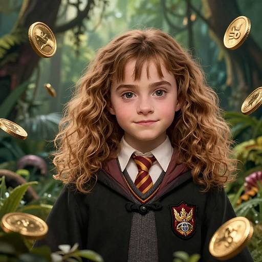 Digital illustration of a young girl with curly brown hair, wearing a Hogwarts robe and striped tie, surrounded by floating gold coins in a lush forest background.