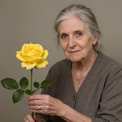 Photograph of an elderly white woman with gray hair, wearing a gray cardigan and gold necklace, holding a yellow rose against a plain beige background.