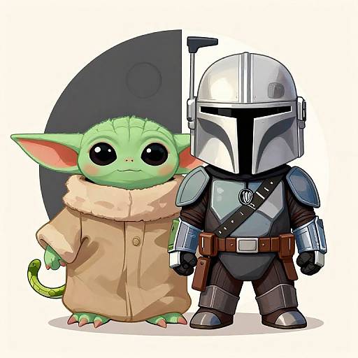 Digital art of chibi-style Baby Yoda in a beige coat and large-eared Mandalorian in full armor, standing side-by-side.