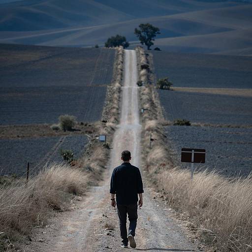 Man in Fields: Winding Road Scene