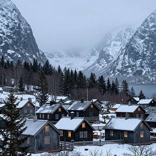 Photograph of a snowy village with wooden cabins, lit windows, surrounded by snow-covered mountains, evergreen trees, and a foggy sky.