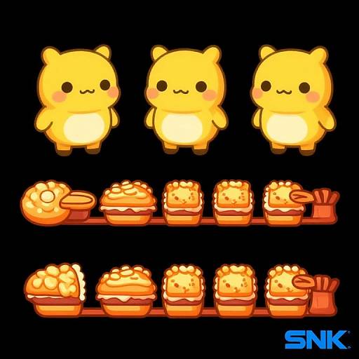 Chibi-style digital illustration of three cute, glowing yellow bear-like characters above a row of colorful, glowing burgers and fries against a black background, with