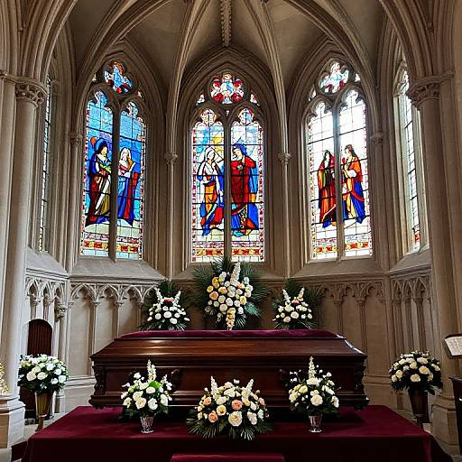 Photograph of a Gothic-style church altar with a dark wooden casket, surrounded by white flower arrangements, and three vibrant stained glass windows depicting biblical figures