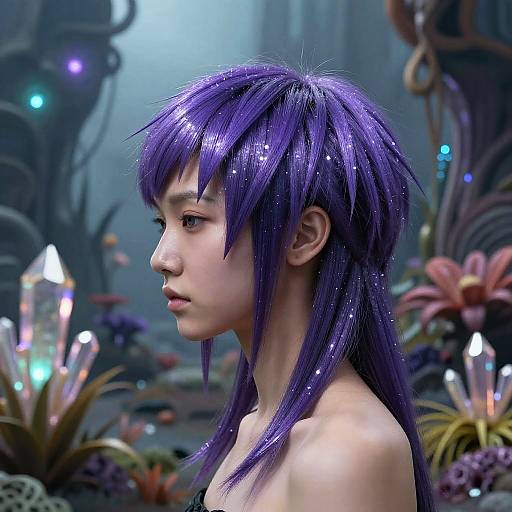 Digital artwork of an Asian woman with long, purple, glittery hair in a fantasy underwater scene, surrounded by glowing crystals and colorful plants.