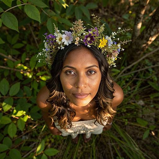 Photograph of a smiling woman with medium brown skin, wavy dark brown hair, wearing a floral crown and white dress, looking up from forest floor