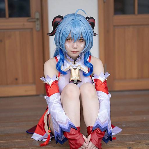 Cosplay Woman with Blue Hair and Yellow Eyes Sitting Indoors