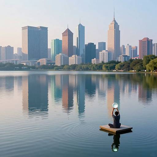 Photograph of a person on a floating dock, throwing a frisbee in a calm lake, with a city skyline of tall skyscrapers reflected