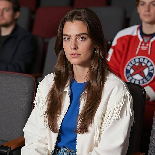Woman in Theater with Hockey Jersey