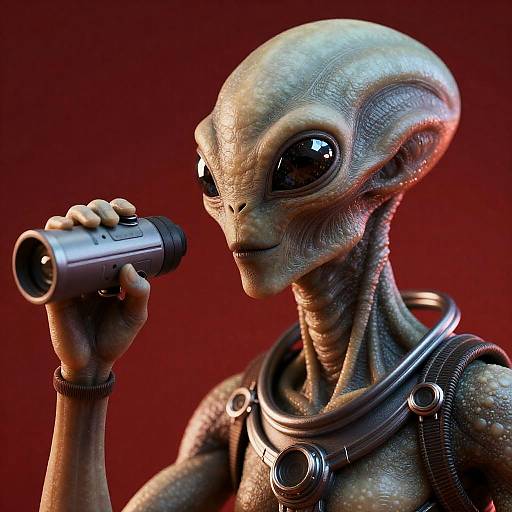 CGI alien with greenish, textured skin, large black eyes, and metallic chest harness, holding a cylindrical object to its mouth against a red background