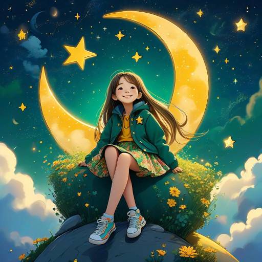 Cheerful Girl on a Crescent Moon