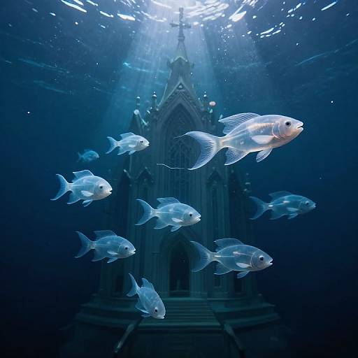 Photograph of glowing, translucent fish swimming around an underwater Gothic cathedral, bathed in sunlight rays filtering through dark blue water.