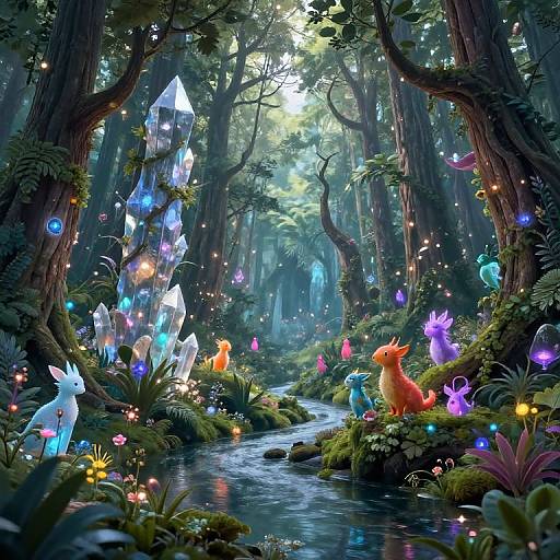 Fantastical forest scene with glowing, colorful crystal creatures and animals beside a sparkling stream, surrounded by towering trees and vibrant flora. Digital art.