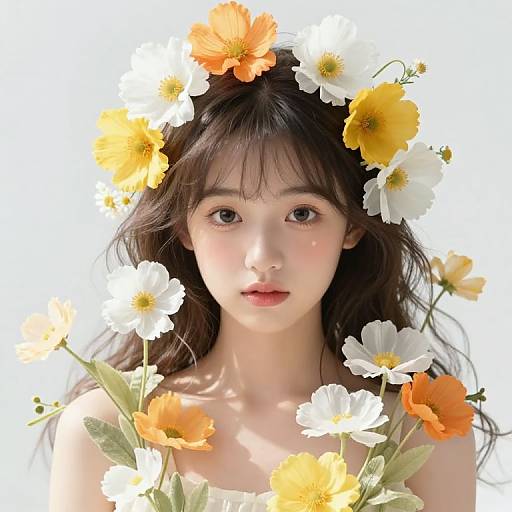 Photograph of an Asian teenage girl with fair skin, long brown hair, and large brown eyes, wearing a crown of white and orange flowers against a