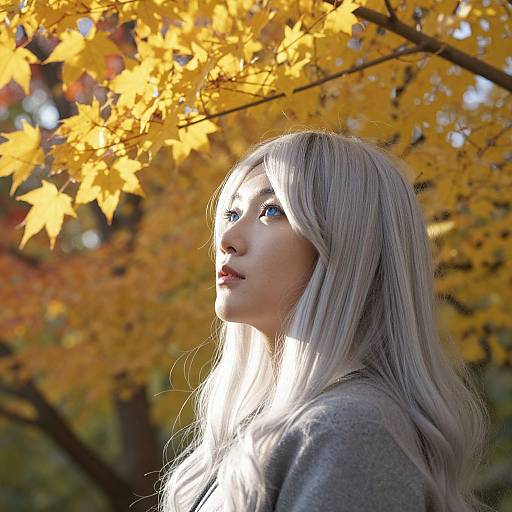 Photograph of a blonde woman with long hair, fair skin, and blue eyes, looking up at bright yellow autumn leaves, sunlight illuminating her face