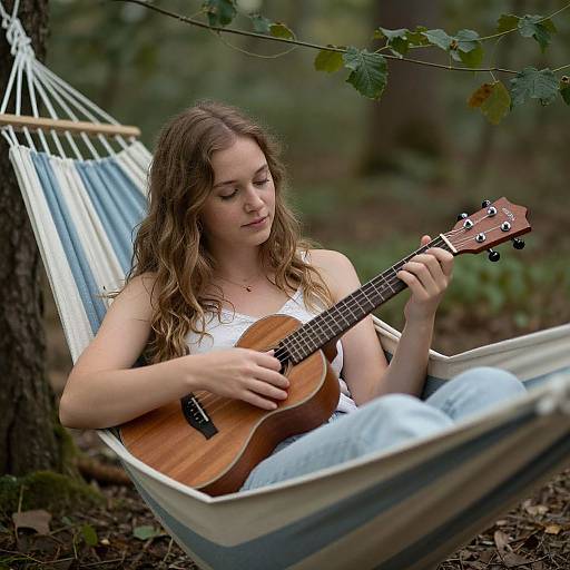 Photograph of a young woman with long brown hair, playing an acoustic guitar in a striped hammock, wearing a white tank top and light blue jeans
