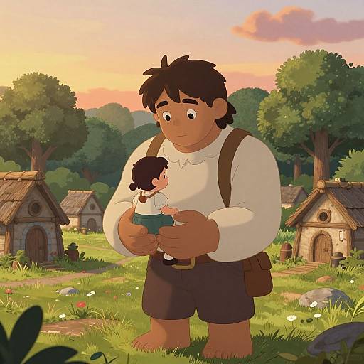 Cartoon-style digital drawing of a large, brown-skinned man with dark hair, wearing a white shirt and brown shorts, holding a small child,
