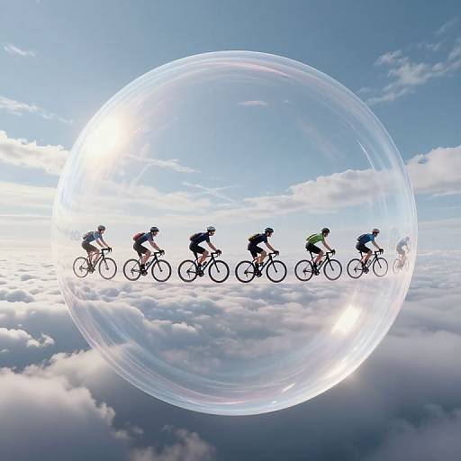 Photograph of cyclists in silhouette riding through a large, transparent bubble above a cloudy sky with a bright sun.