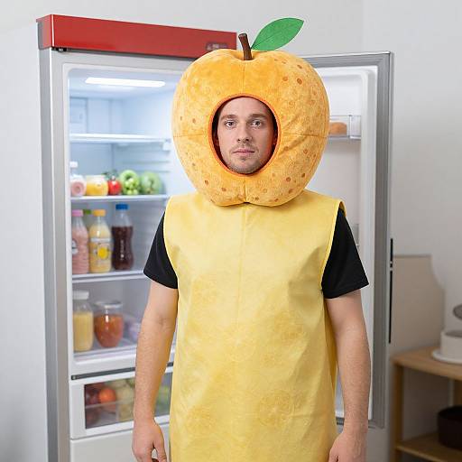 Photograph of a man with a yellow apple costume hood and black shirt, standing in front of an open refrigerator.