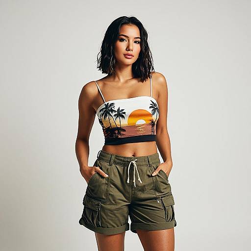 Woman in Tropical Sunset Tube Top and Cargo Shorts