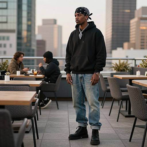 Photograph of a Black man in a black hoodie, jeans, and boots, wearing a bandana, standing on a rooftop terrace with city skyscrap