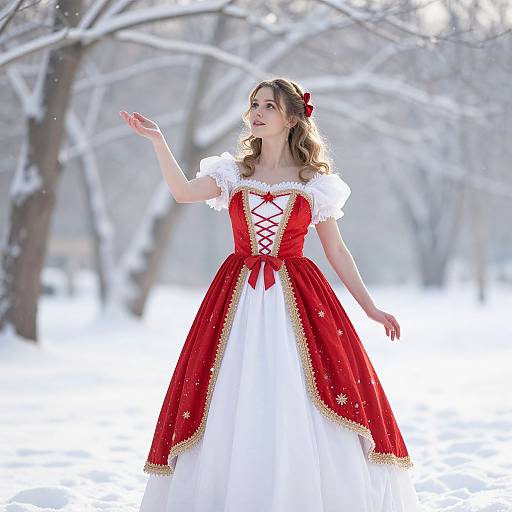 Photograph of a young woman in a red and white snowy forest, wearing a red and white ball gown with lace corset, smiling, waving,