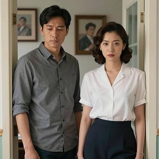 Couple in Doorway with Contrasting Expressions