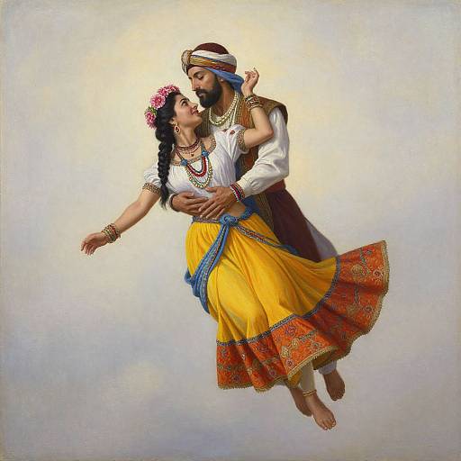 Photograph of an Indian couple in traditional attire, mid-air dance, man in brown and white, woman in yellow with orange trim, adorned with jewelry