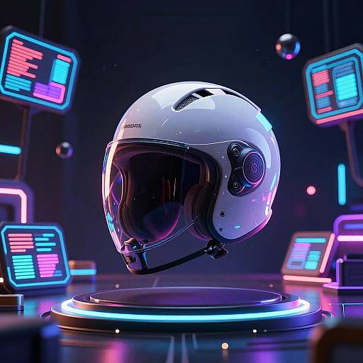 Glossy white motorcycle helmet on a glowing neon stand, surrounded by colorful, futuristic screens in a dark, high-tech lab.