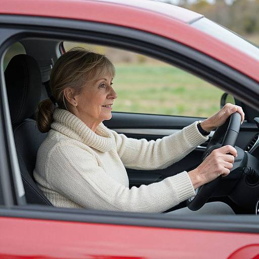 Photograph of a smiling middle-aged woman with light brown hair, wearing a white knit sweater, driving a red car, hands on the steering wheel,