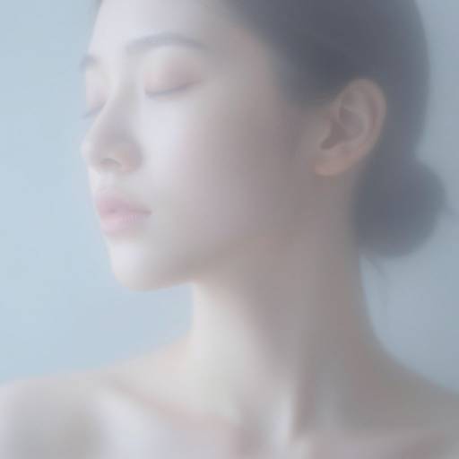 Photograph of a serene, fair-skinned woman with closed eyes, soft light illuminating her face, and dark hair in a bun, against a