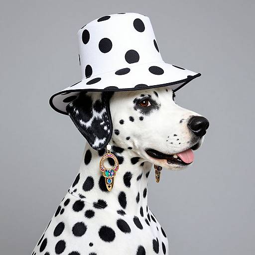 Photograph of a Dalmatian dog wearing a white polka dot hat and a colorful pendant, with tongue out, against a gray background.