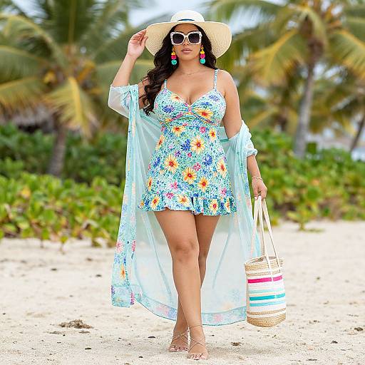 Photograph of a curvy woman with tan skin, wearing a floral dress, light blue cover-up, straw hat, and sunglasses, carrying a striped