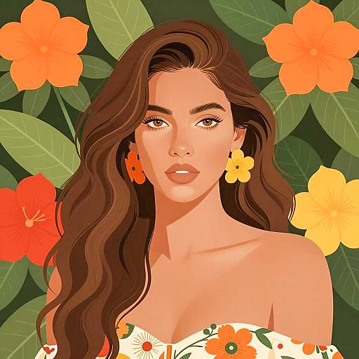 Vibrant Woman Surrounded by Floral Foliage