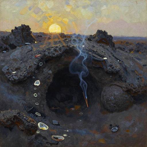 Impressionistic painting of a smoky, rocky landscape at sunset, with glowing sun, dark rocks, blue smoke, and scattered white pebbles