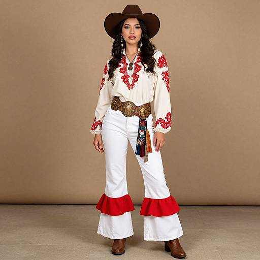 Photorealistic digital image of a Latina woman in white embroidered shirt, red flower patterns, white pants with red frills, brown belt, brown hat