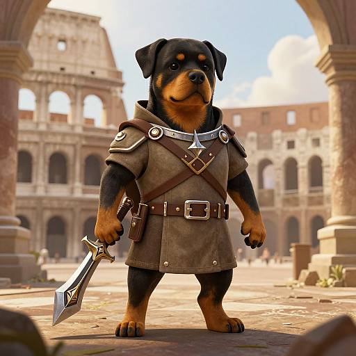CGI image of a muscular, anthropomorphic Rottweiler dog in Roman gladiator armor, holding a silver sword, standing in a sunlit