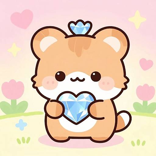 Cute chibi teddy bear with orange and white fur, holding a blue heart, standing in a pastel-colored garden with pink flowers. Digital