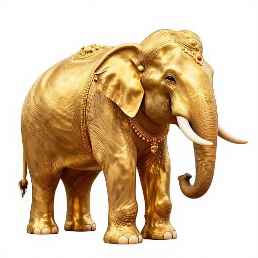 Gold-painted elephant with detailed jewelry, including a headpiece and necklace, standing against a white background. Digital illustration.