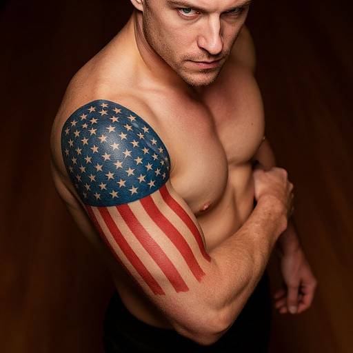 Photograph of a muscular, shirtless white man with short brown hair, featuring a vibrant American flag tattoo on his right shoulder, against a dark brown
