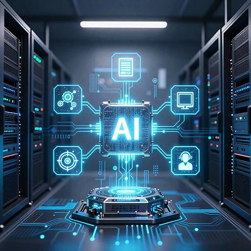 Digital CGI image of a futuristic server room with glowing blue circuitry and illuminated symbols surrounding a central CPU labeled 