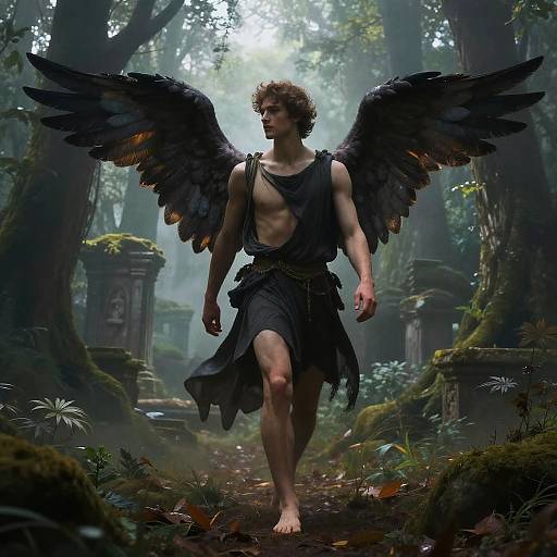 Digital fantasy artwork of a muscular, shirtless man with black, feathered wings walking barefoot through a mystical, misty forest path.
