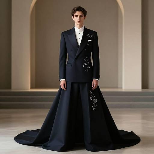 Photograph of a young man with curly brown hair wearing a black, long-tailed tuxedo with white shirt and floral embroidery, standing on a